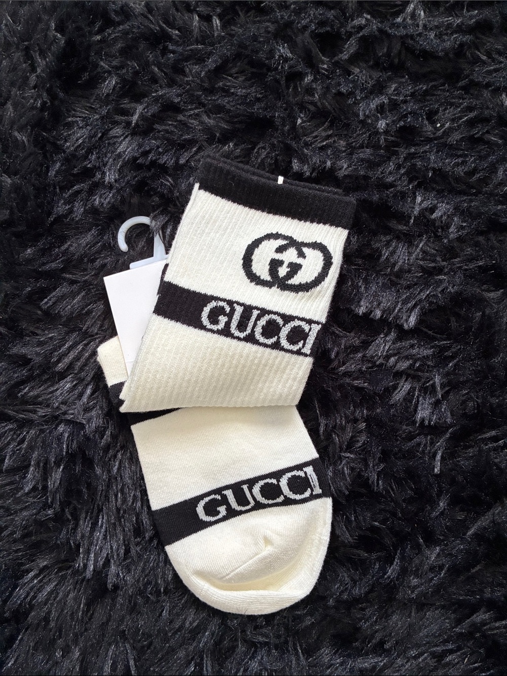 Gucci Cream and Black Logo Crew Socks - GG Stripe - Picture 2 of 3